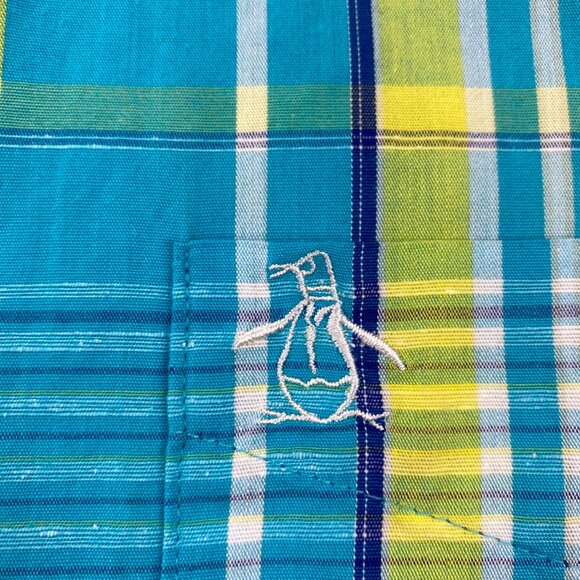 Penguin Shirt Men Large L Teal Yellow Blue Plaid Button Up Casual Polo Classic - Picture 3 of 10